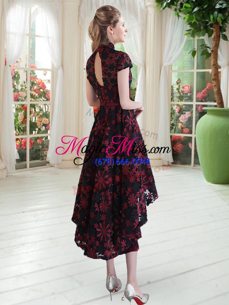 wholesale short sleeves high low appliques lace up prom dress with purple