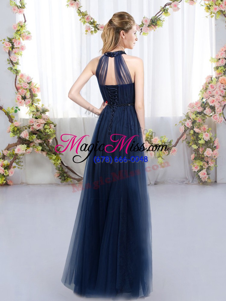 wholesale navy blue empire tulle high-neck sleeveless appliques floor length lace up dama dress