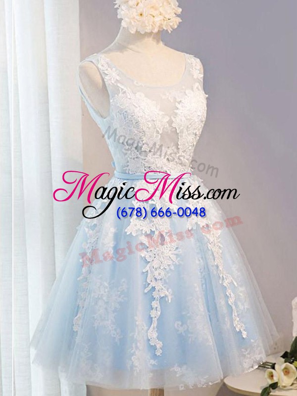 wholesale perfect knee length baby blue prom dress tulle sleeveless appliques and belt