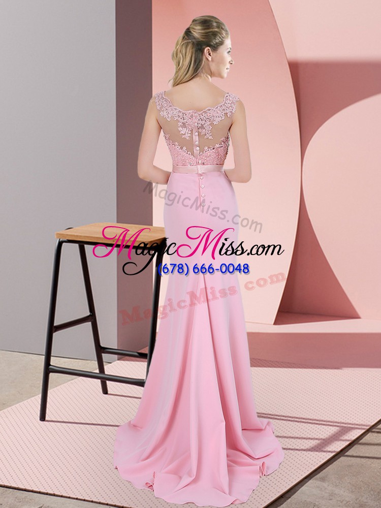 wholesale nice v-neck sleeveless prom gown sweep train lace and appliques baby pink chiffon