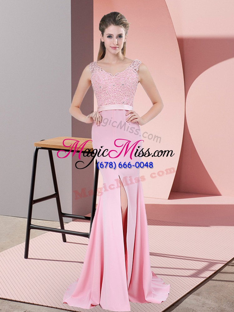 wholesale nice v-neck sleeveless prom gown sweep train lace and appliques baby pink chiffon