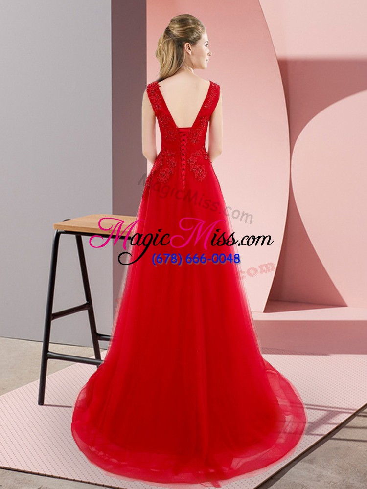 wholesale empire sleeveless red womens evening dresses sweep train lace up