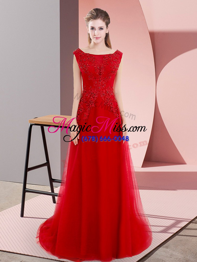 wholesale empire sleeveless red womens evening dresses sweep train lace up