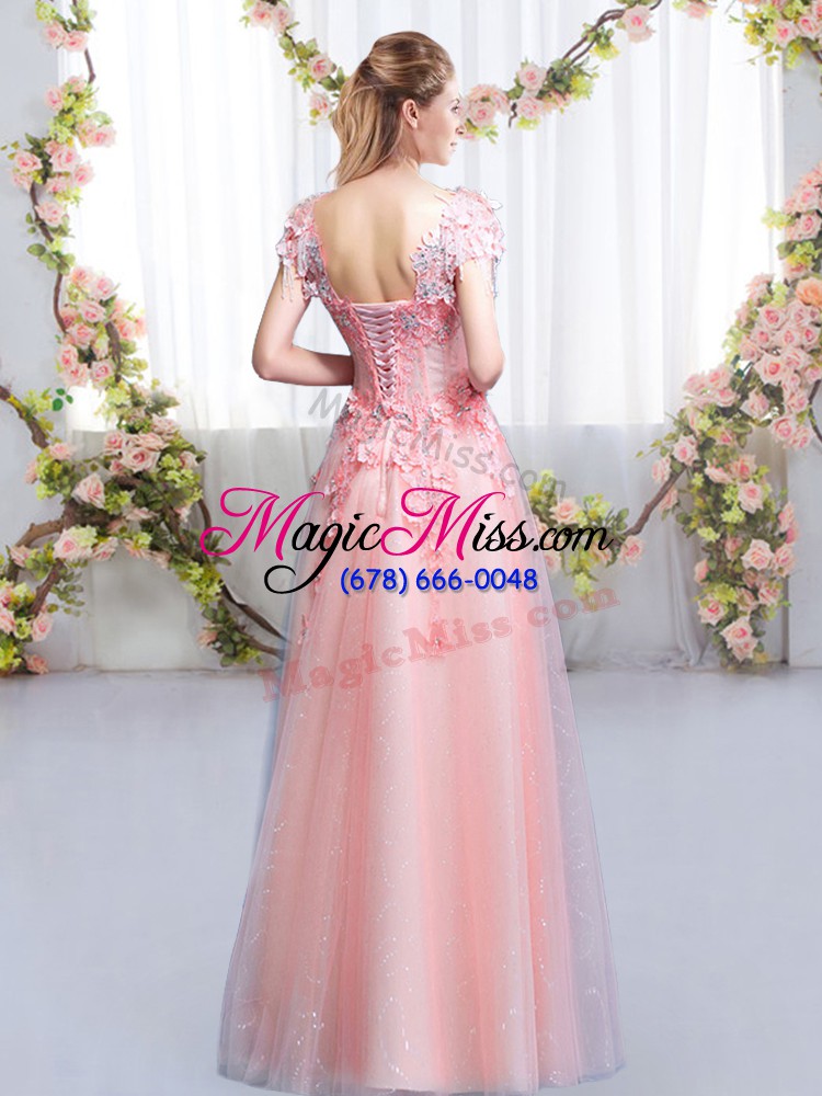wholesale modern v-neck cap sleeves tulle bridesmaid dresses beading and appliques lace up