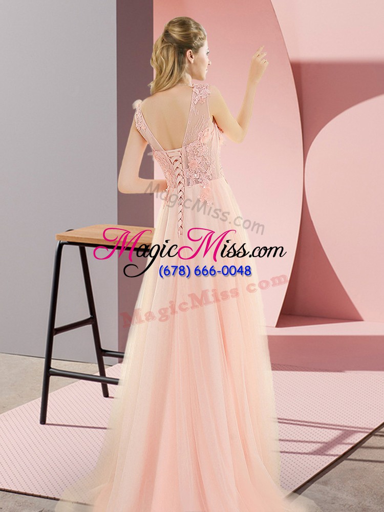 wholesale extravagant pink evening dress prom and party and military ball with beading and lace and appliques scoop sleeveless lace up