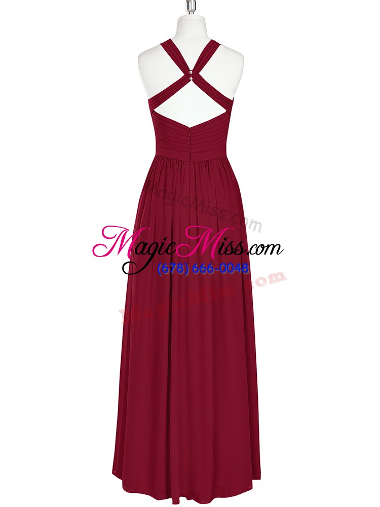 wholesale burgundy sleeveless floor length ruching zipper prom party dress