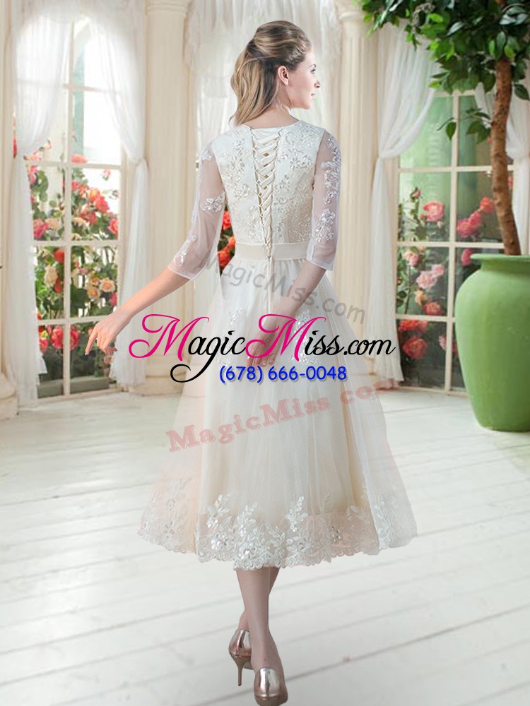 wholesale high class tea length lace up prom party dress champagne for prom and party with lace