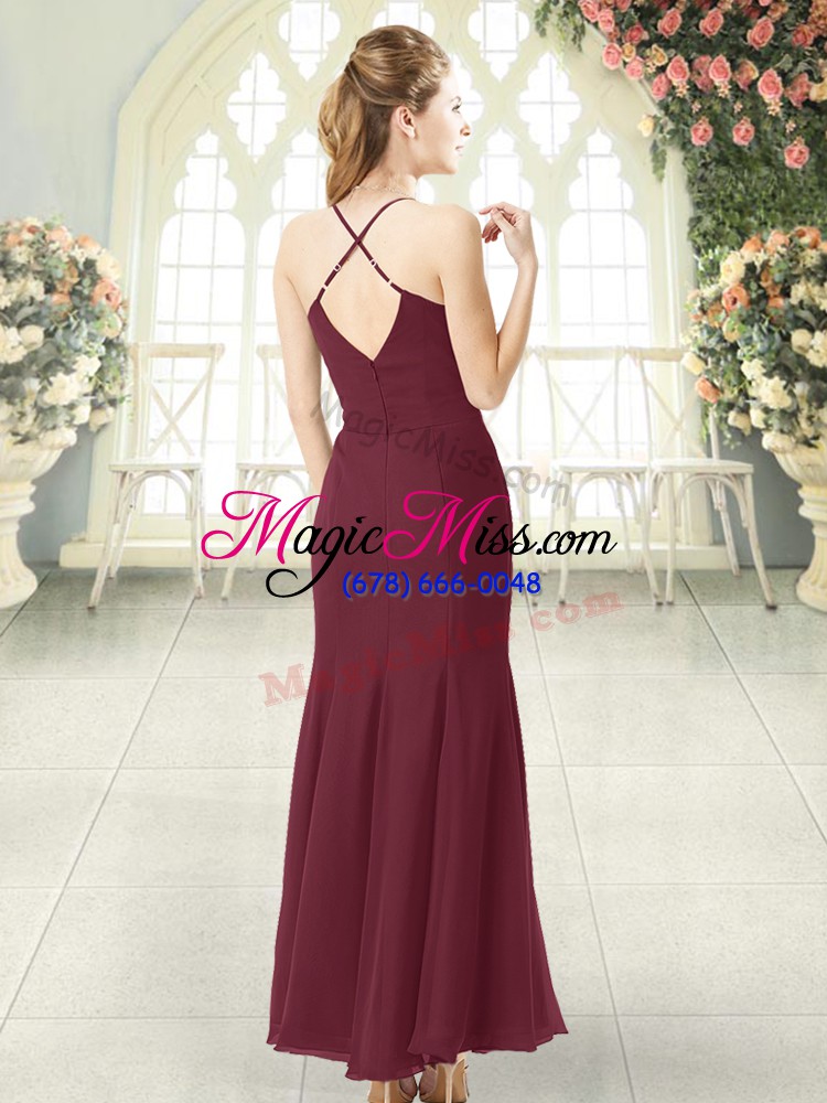 wholesale burgundy sleeveless floor length ruching zipper evening dress