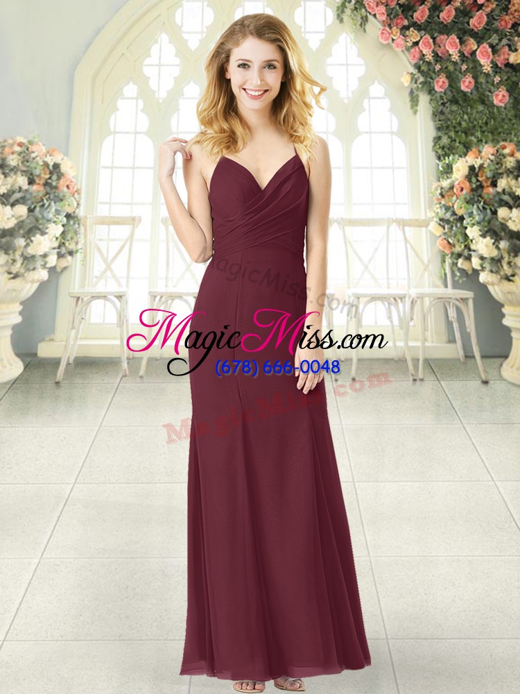 wholesale burgundy sleeveless floor length ruching zipper evening dress