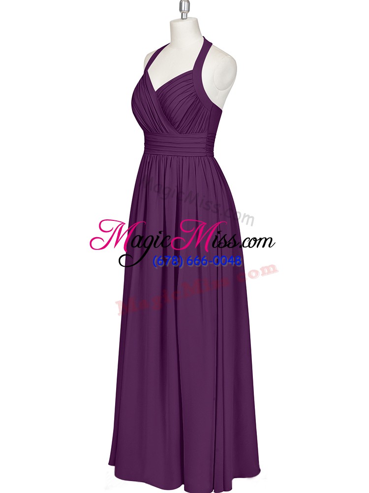 wholesale a-line evening party dresses eggplant purple halter top chiffon sleeveless floor length zipper