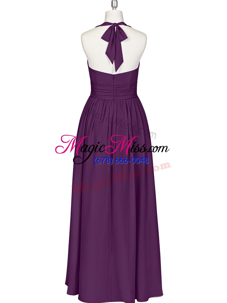 wholesale a-line evening party dresses eggplant purple halter top chiffon sleeveless floor length zipper