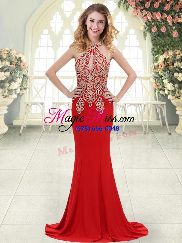 wholesale sophisticated red halter top neckline beading and lace evening dress sleeveless zipper