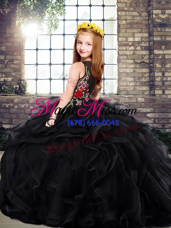 wholesale black ball gowns tulle scoop sleeveless embroidery and ruffles zipper girls pageant dresses sweep train