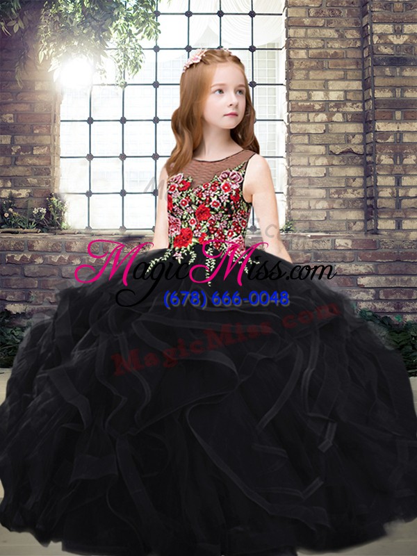 wholesale black ball gowns tulle scoop sleeveless embroidery and ruffles zipper girls pageant dresses sweep train