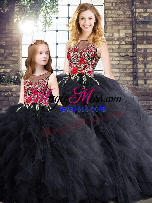 wholesale perfect sleeveless floor length embroidery and ruffles zipper vestidos de quinceanera with black