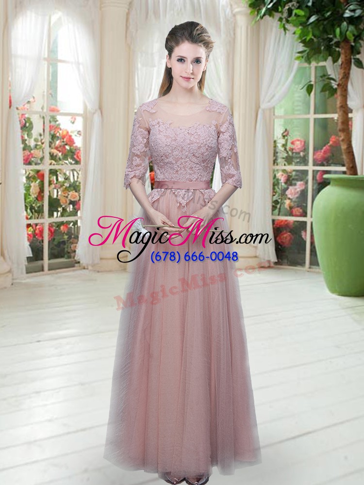 wholesale custom design lace evening party dresses pink lace up half sleeves floor length