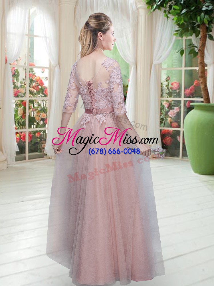 wholesale custom design lace evening party dresses pink lace up half sleeves floor length