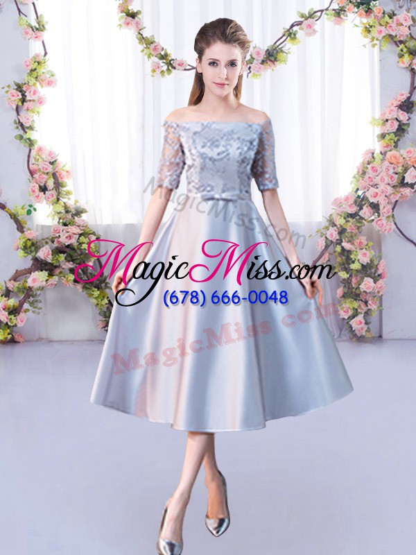 wholesale a-line quinceanera court of honor dress silver off the shoulder satin half sleeves tea length lace up