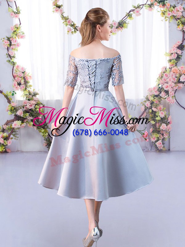 wholesale a-line quinceanera court of honor dress silver off the shoulder satin half sleeves tea length lace up