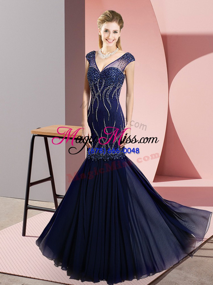 wholesale discount sleeveless chiffon floor length lace up evening dress in navy blue with beading