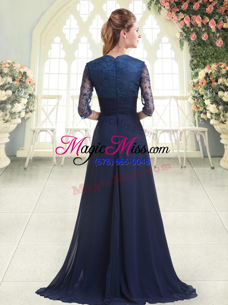 wholesale blue satin zipper sweetheart long sleeves prom evening gown sweep train pick ups