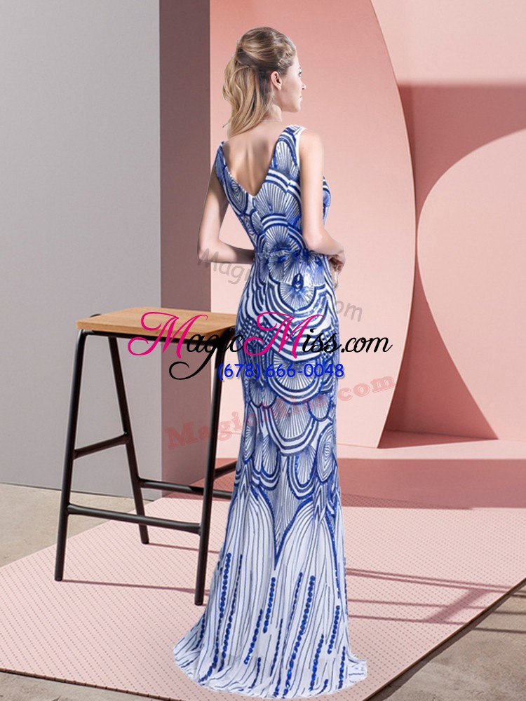 wholesale flare blue zipper v-neck beading prom dress sleeveless