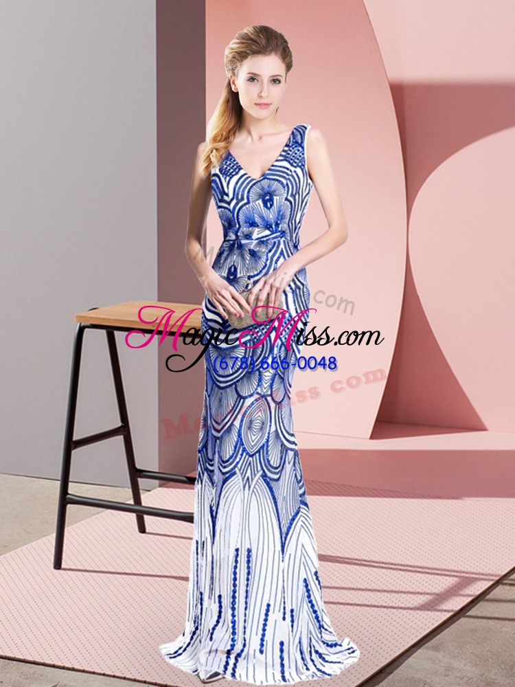 wholesale flare blue zipper v-neck beading prom dress sleeveless