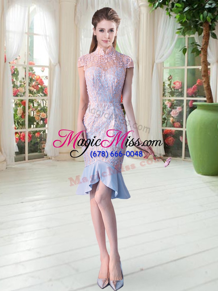 wholesale mermaid evening dress pink high-neck satin short sleeves knee length zipper