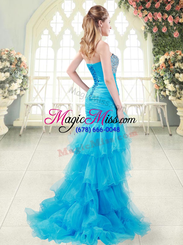 wholesale fancy beading and ruffled layers womens evening dresses aqua blue lace up sleeveless brush train