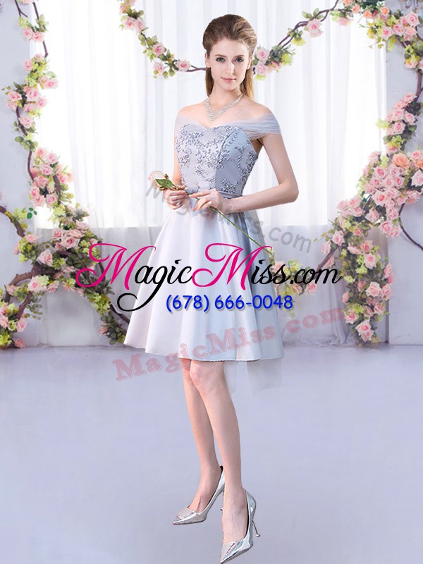wholesale silver a-line lace bridesmaid gown lace up satin sleeveless knee length