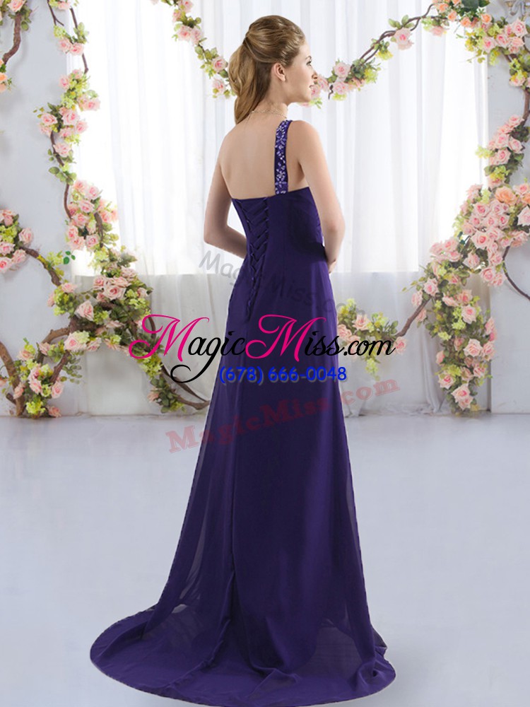 wholesale purple lace up vestidos de damas beading sleeveless brush train