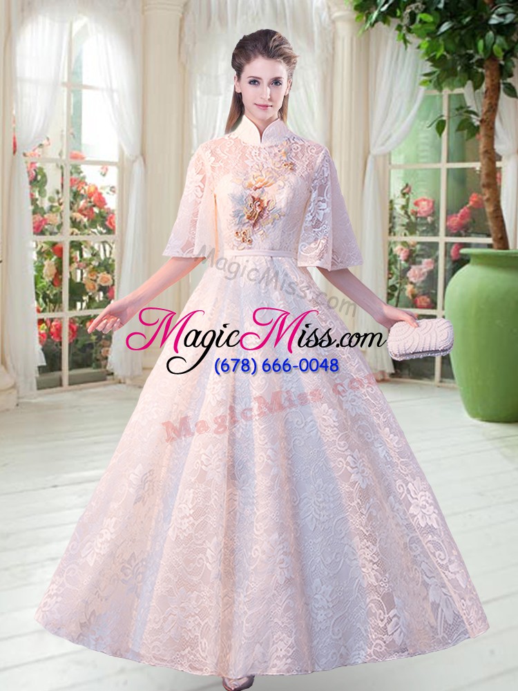 wholesale lace high-neck half sleeves zipper appliques in white