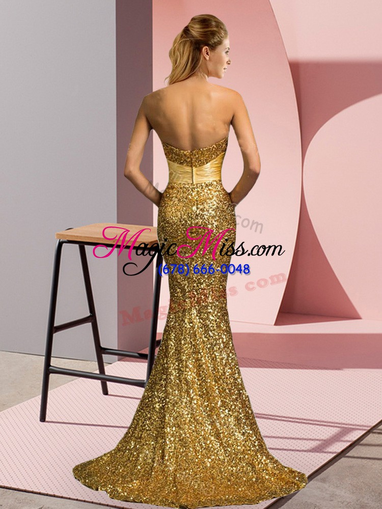 wholesale classical gold zipper sweetheart beading evening dress sequined sleeveless sweep train