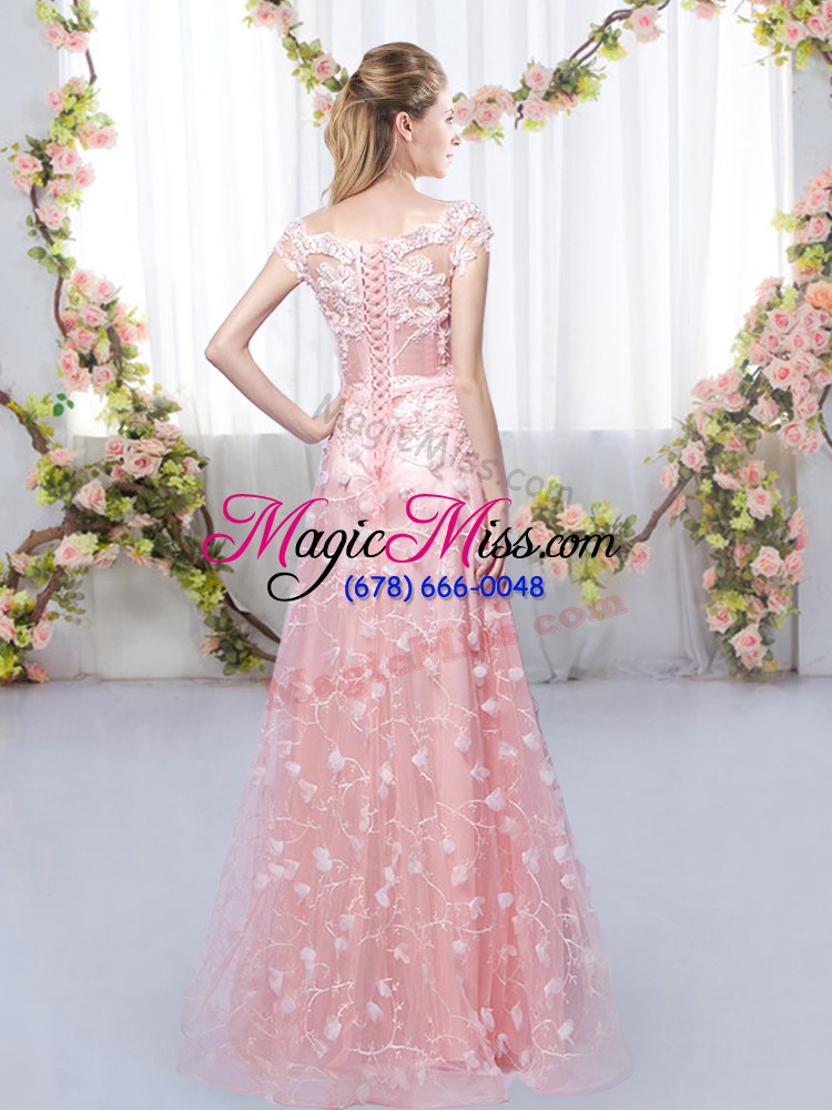 wholesale graceful tulle lace up off the shoulder cap sleeves floor length bridesmaid gown appliques