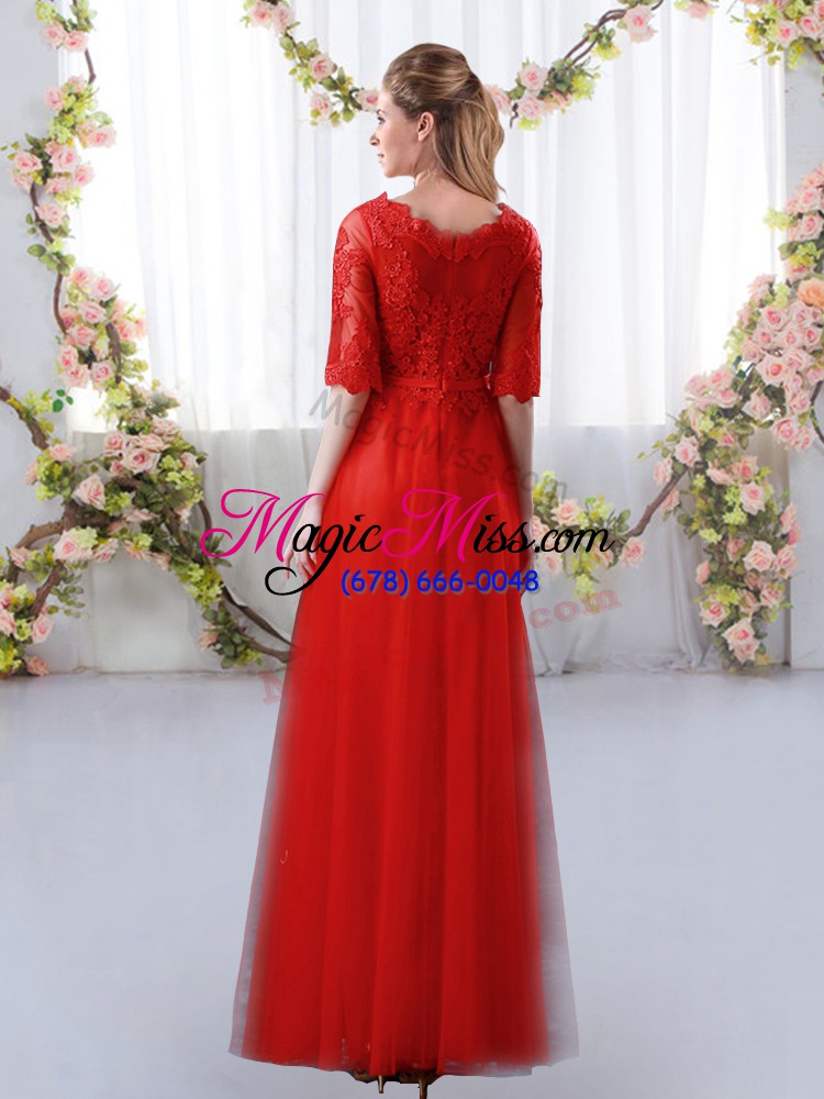 wholesale cheap empire quinceanera court of honor dress red scalloped tulle half sleeves floor length zipper