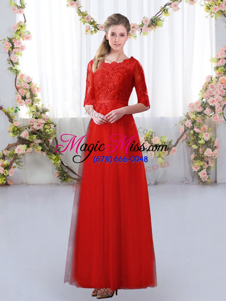 wholesale cheap empire quinceanera court of honor dress red scalloped tulle half sleeves floor length zipper