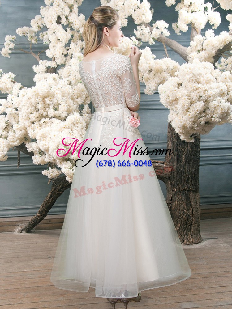 wholesale simple white a-line organza v-neck half sleeves lace zipper prom dresses