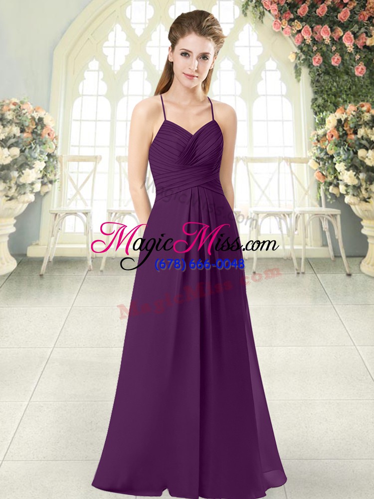 wholesale delicate purple empire spaghetti straps sleeveless chiffon floor length zipper ruching prom dresses