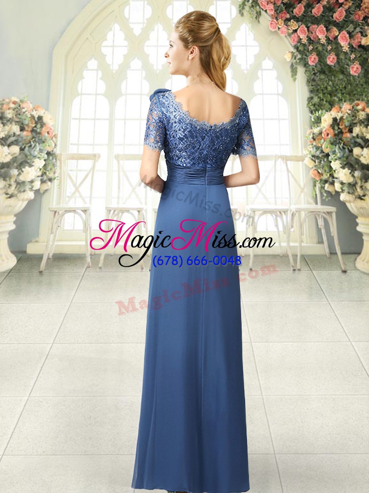 wholesale chic blue zipper prom dress beading and ruching short sleeves floor length