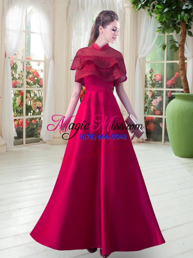 wholesale sophisticated red a-line high-neck short sleeves satin floor length zipper lace formal evening gowns