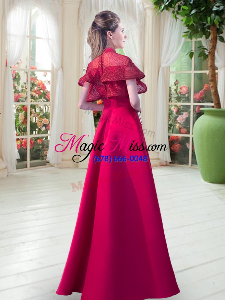 wholesale sophisticated red a-line high-neck short sleeves satin floor length zipper lace formal evening gowns