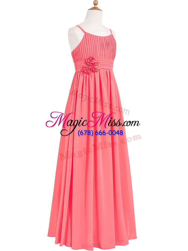 wholesale free and easy floor length zipper evening dress watermelon red for prom and party and military ball with pleated and hand made flower
