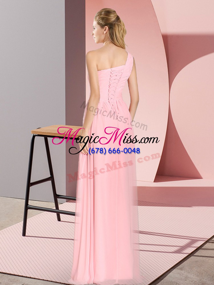 wholesale customized apple green chiffon lace up one shoulder sleeveless floor length prom dress ruching