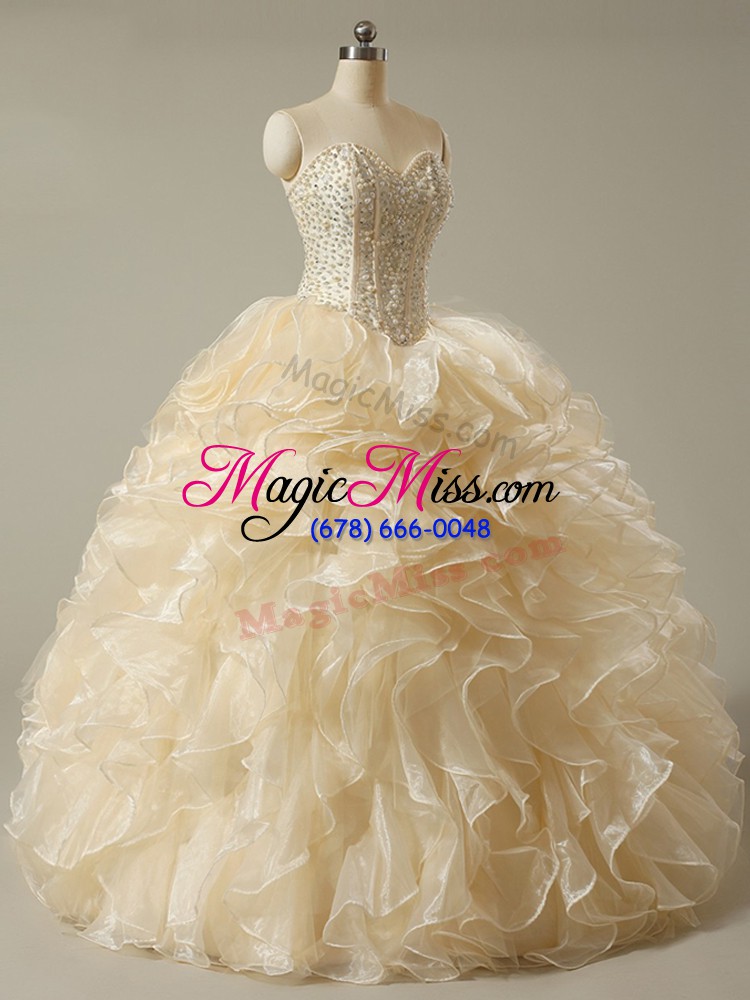 wholesale sweetheart sleeveless ball gown prom dress floor length beading and ruffles champagne organza
