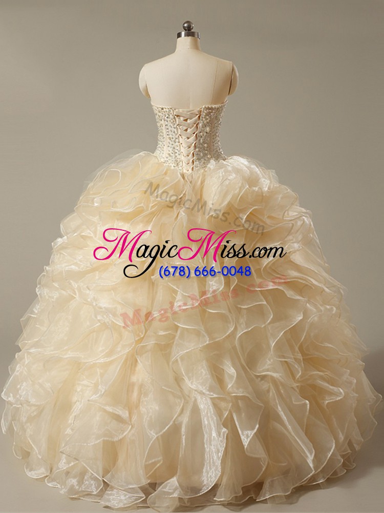 wholesale sweetheart sleeveless ball gown prom dress floor length beading and ruffles champagne organza