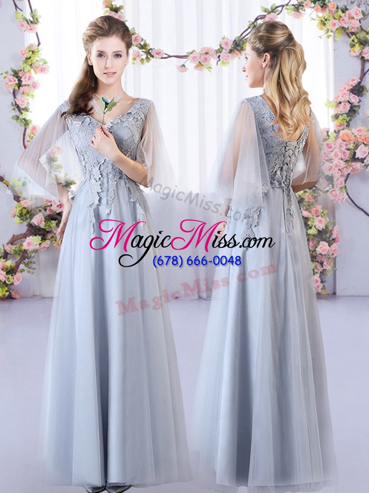 wholesale shining grey sleeveless floor length appliques lace up court dresses for sweet 16