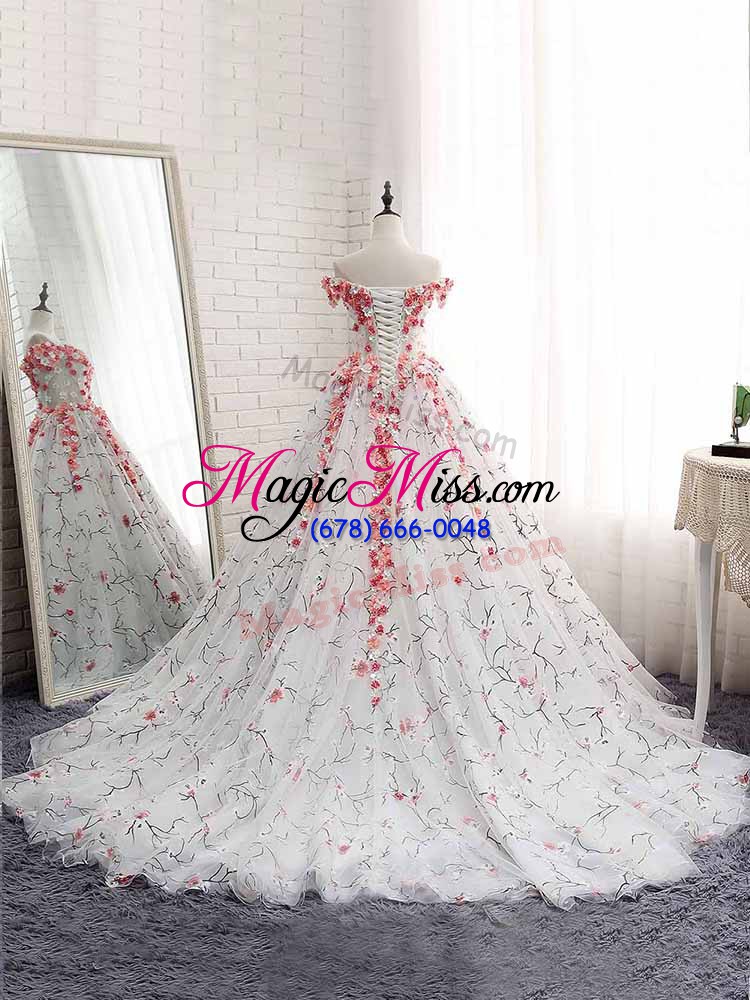wholesale off the shoulder sleeveless tulle sweet 16 dresses appliques brush train lace up