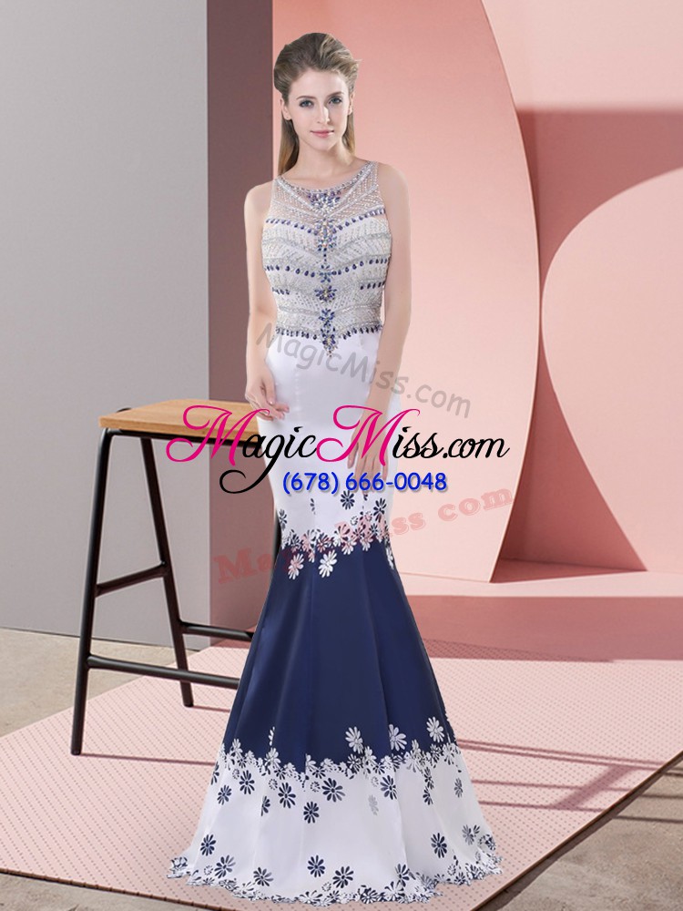 wholesale cheap scoop sleeveless zipper prom party dress blue and white satin