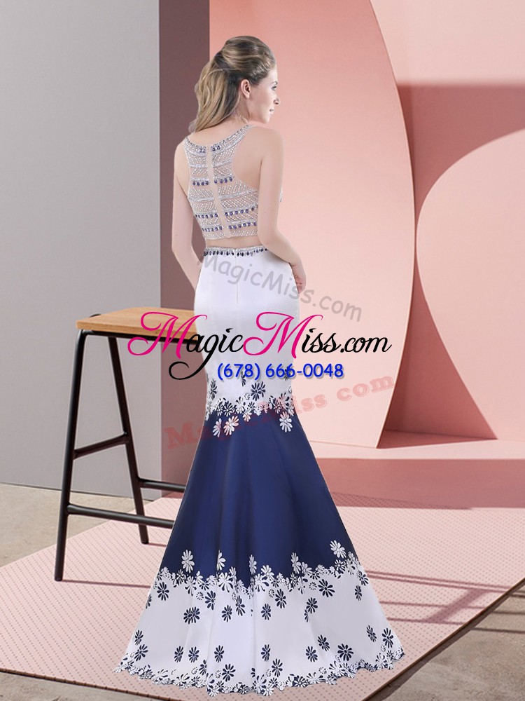wholesale cheap scoop sleeveless zipper prom party dress blue and white satin