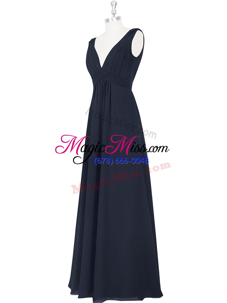 wholesale dazzling black chiffon backless v-neck sleeveless floor length prom dresses ruching